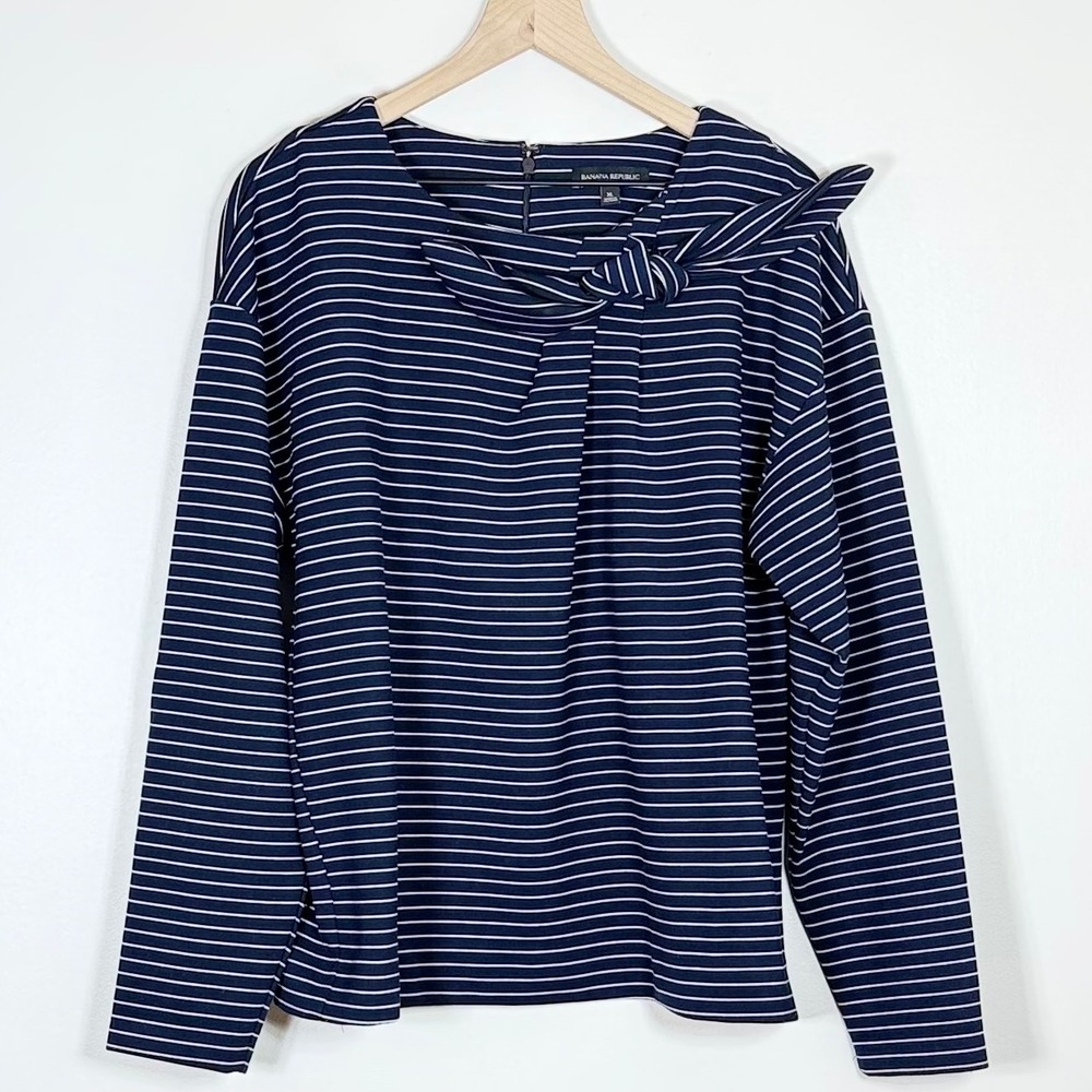 Banana Republic Womens Top XL Navy Blue Stripe Bow Tie Neck Stretch Knit Preppy
